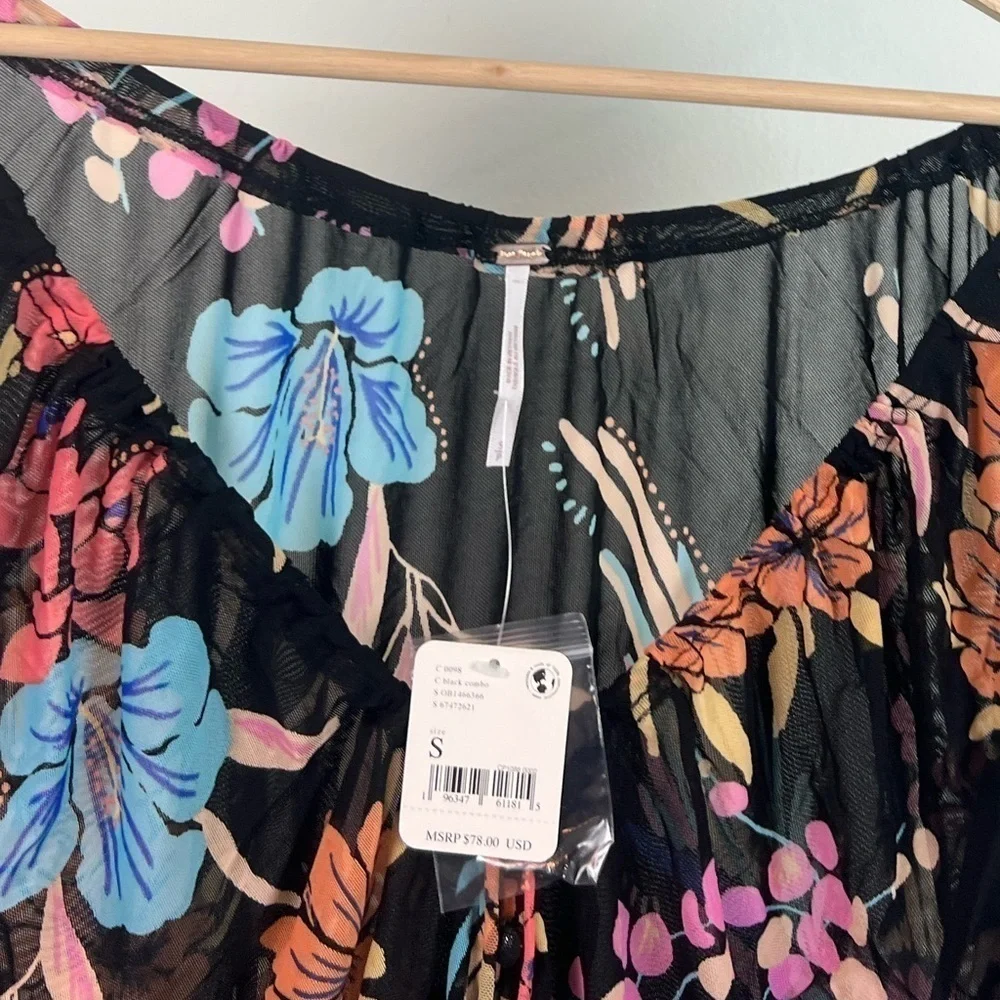 NWT Free People Of Paradise Floral Mesh Flyaway Top Black Combo